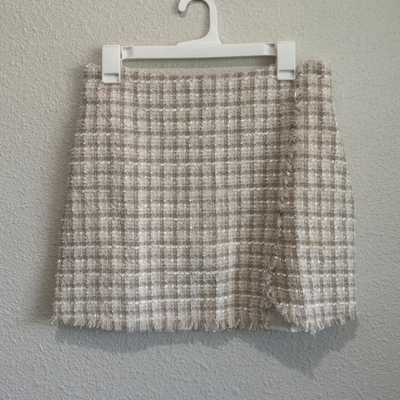 Lulus Dresses & Skirts - Lulus‎ Tweed Plaid Mini Skirt Preppy Metallic Gold Fringe Faux Wrap Old Money